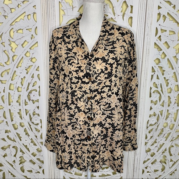 Vintage Floral Black & Tan Button Down Tunic - Picture 2 of 9